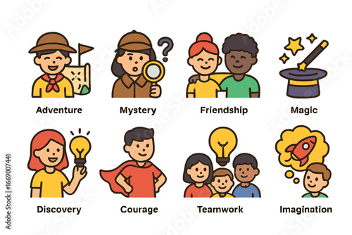 Children's Adventure Icons. Flat vector mini-illustrations book chapter themes in colors children's illustrations: adventure,