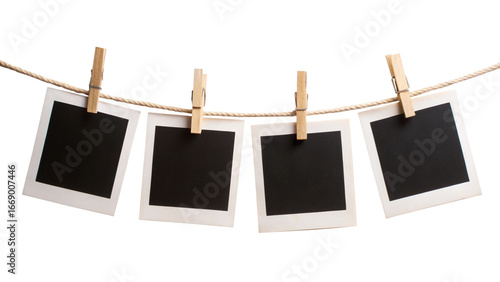 Four Blank Instant Photo Frames Hanging on Rope – Empty Gallery Picture Mockup PNG