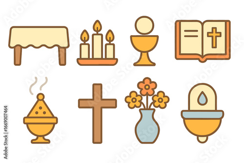 Children's Altar Icons. Flat vector mini-illustrations altar in colors children's illustrations: altar table, candles, chalice,