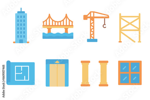 Children's Architecture & Pet Icons. Flat vector mini-illustrations complex buildings in colors children's illustrations: