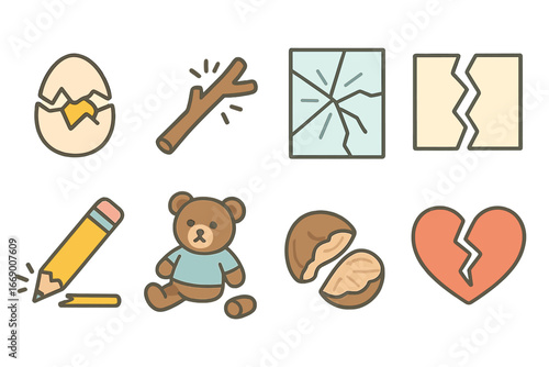 Children's Breakage Icons. Flat vector mini-illustrations breaking points in colors children's illustrations: cracked egg, broken