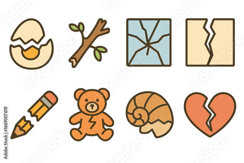 Children's Breakage Icons. Flat vector mini-illustrations breaking points in colors children's illustrations: cracked egg, broken