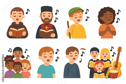 Children's Chant Icons. Flat vector mini-illustrations chant styles in colors children's illustrations: Gregorian chant, Byzantine