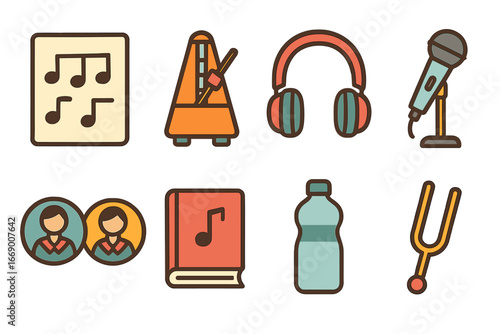 Children's Choir Essentials. Flat vector mini-illustrations choir accessories in colors children's illustrations: music sheet,