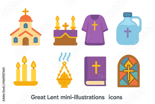 Children's Church Icons. Flat vector mini-illustrations Great Lent church in colors children's illustrations: church building,