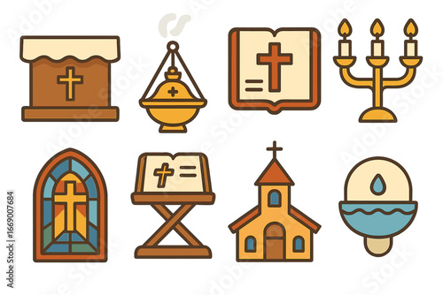 Children's Church Icons. Flat vector mini-illustrations psalm worship in colors children's illustrations: altar, incense burner,