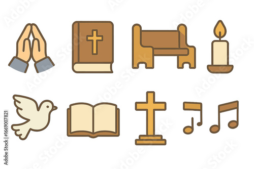 Children's Communion Illustrations. Flat vector mini-illustrations communion prayers in colors children's illustrations: praying