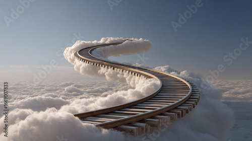 Surreal winding railway track above fluffy clouds, symbolizing a dreamlike path towards a brighter future or spiritual journey in a clear sky.