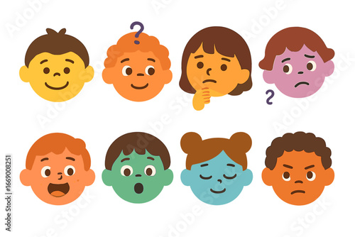 Children's Emotion Faces. Flat vector mini-illustrations dictionary learning emotions in colors children's illustrations: happy