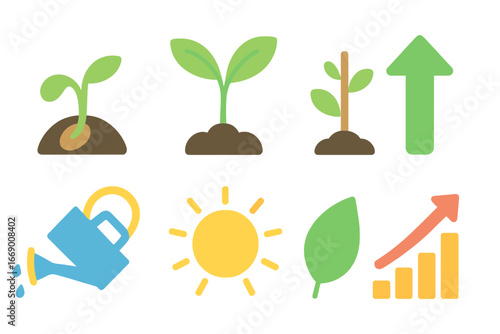 Children's Growth Symbols. Flat vector mini-illustrations growth symbol in colors children's illustrations: sprouting seed, young