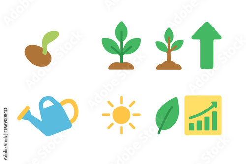 Children's Growth Symbols. Flat vector mini-illustrations growth symbol in colors children's illustrations: sprouting seed, young