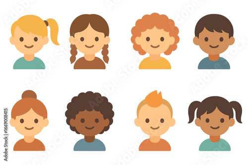 Children's Hair Icons. Flat vector mini-illustrations hairstyle styles in colors children's illustrations: ponytail, braids, curls