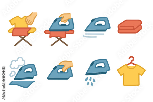 Children's Ironing Icons. Flat vector mini-illustrations ironing process in colors children's illustrations: placing clothes on