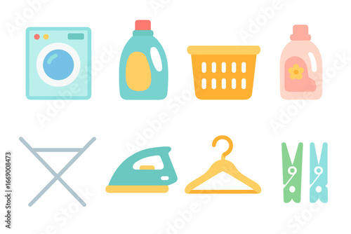 Children's Laundry Icons. Flat vector mini-illustrations clean laundry supplies in colors children's illustrations: washing