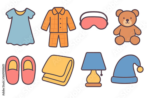 Children's Nightwear Icons. Flat vector mini-illustrations pajamas and nightwear in colors children's illustrations: nightgown,