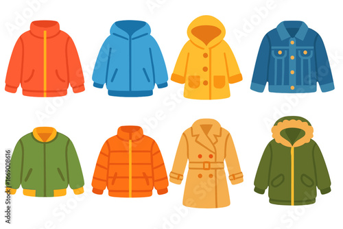 Children's Outerwear Icons. Flat vector mini-illustrations long sleeve outerwear in colors children's illustrations: long sleeve