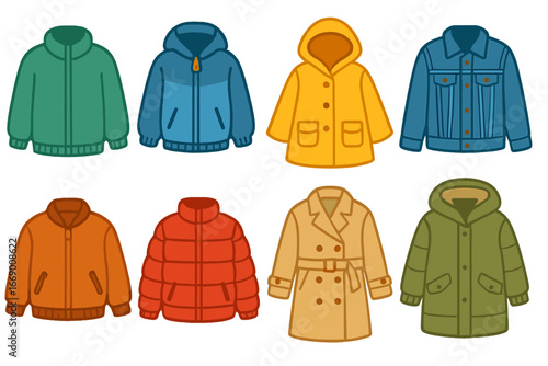 Children's Outerwear Icons. Flat vector mini-illustrations long sleeve outerwear in colors children's illustrations: long sleeve