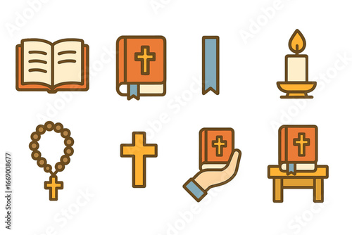 Children's Prayer Icons. Flat vector mini-illustrations Prayer book in colors children's illustrations: open prayer book, closed