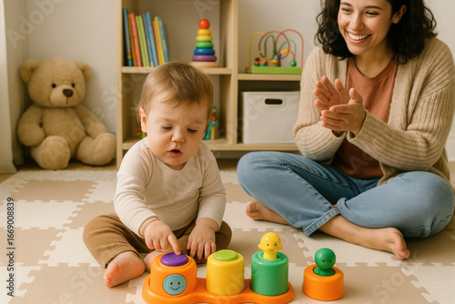 Toddler with developmental delays playing with cause and effect toys on foam mat with supportive caregiver – bright and cheerful learning environment