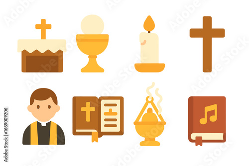 Children's Sacrament Icons. Flat vector mini-illustrations liturgy in sacrament in colors children's illustrations: altar, chalice