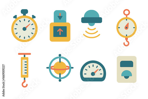 Children's Science Tools. Flat vector mini-illustrations kinetic science tools in colors children's illustrations: stopwatch,