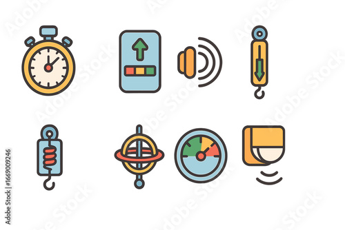 Children's Science Tools. Flat vector mini-illustrations kinetic science tools in colors children's illustrations: stopwatch,