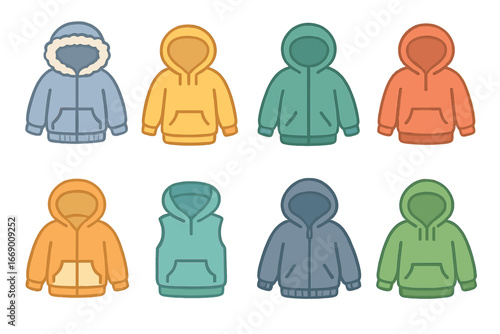Children's Seasonal Hoodies. Flat vector mini-illustrations seasonal hoodies in colors children's illustrations: winter fleece
