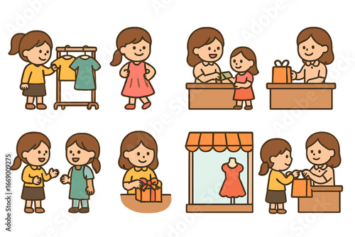 Children's Shopping Icons. Flat vector mini-illustrations boutique shopping activities in colors children's illustrations:
