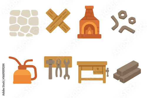 Children's Smithy Icons. Flat vector mini-illustrations smithy environment in colors children's illustrations: stone floor, wooden