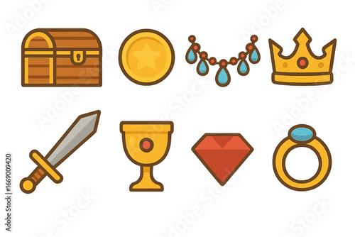 Children's Treasure Icons. Flat vector mini-illustrations Ancient treasures in colors children's illustrations: treasure chest,