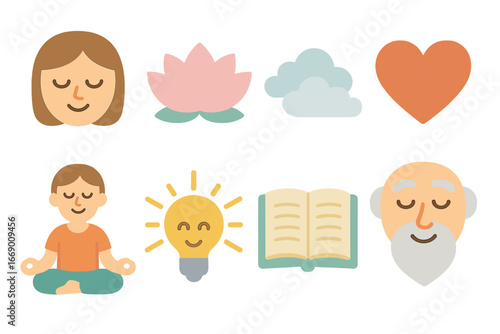 Children's Wisdom & Peace Icons. Flat vector mini-illustrations inner peace in colors children's illustrations: closed eyes, calm