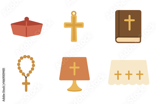 Church Accessories Icons. Flat vector mini-illustrations Church accessories in colors children's illustrations: biretta, zucchetto
