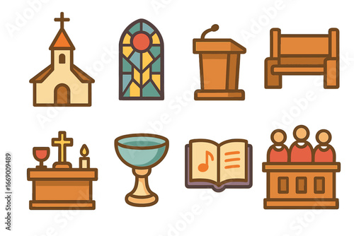 Church Icons Grid. Flat vector mini-illustrations gospel church in colors children's illustrations: steeple, stained glass window,