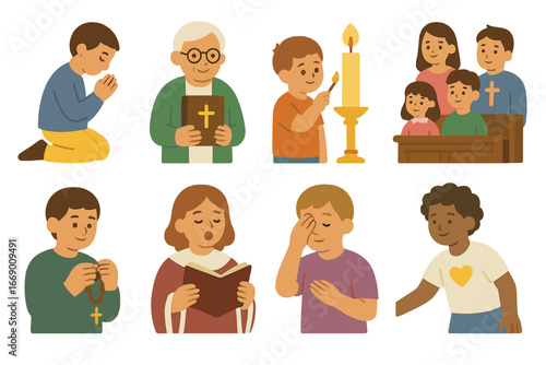 Church Community Icons. Flat vector mini-illustrations Parishioner in colors children's illustrations: person kneeling in prayer,