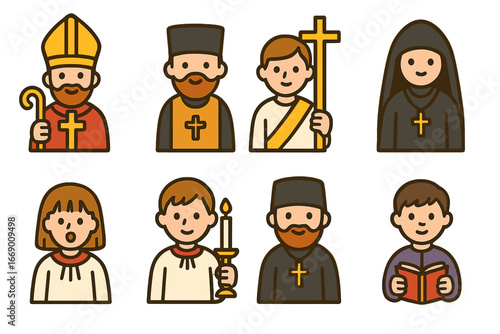 Church Hierarchy Icons. Flat vector mini-illustrations Church hierarchy in colors children's illustrations: bishop with mitre,