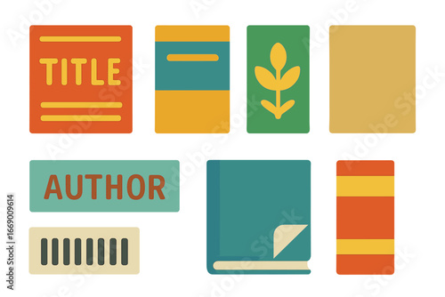 Colorful Book Spine Icons. Flat vector mini-illustrations book spine in colors children's illustrations: title text, author name,