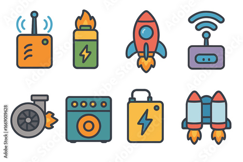 Colorful Boosters Grid. Flat vector mini-illustrations booster in colors children's illustrations: signal booster, battery booster