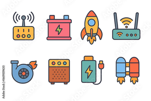 Colorful Boosters Grid. Flat vector mini-illustrations booster in colors children's illustrations: signal booster, battery booster