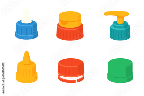 Colorful Bottle Cap Icons. Flat vector mini-illustrations plastic bottle cap types in colors children's illustrations: sports cap,