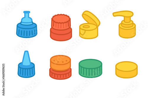 Colorful Bottle Cap Icons. Flat vector mini-illustrations plastic bottle cap types in colors children's illustrations: sports cap,