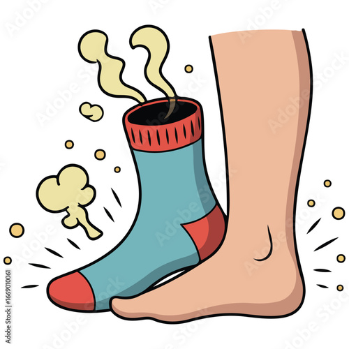 Smelly sock on foot vector illustration isolated on white background