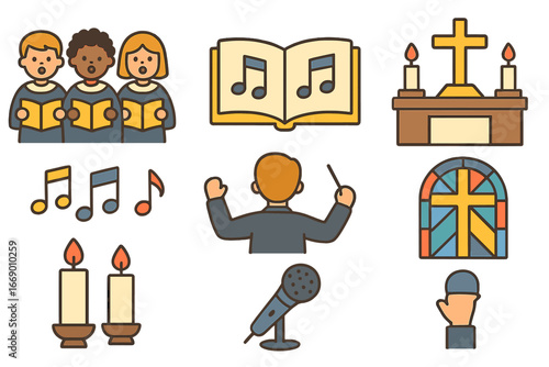 Colorful Choir Illustrations. Flat vector mini-illustrations hymn in colors children's illustrations: choir singers, open hymn