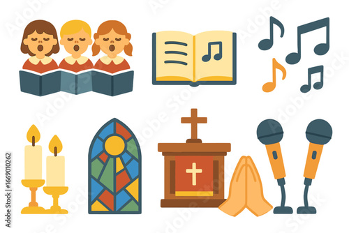 Colorful Choir Illustrations. Flat vector mini-illustrations chant in colors children's illustrations: choir singers, open hymn