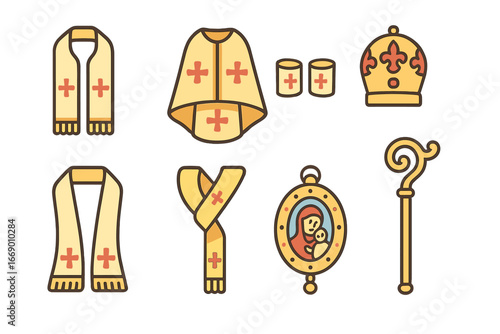 Colorful Church Vestments. Flat vector mini-illustrations church vestments in colors children's illustrations: epitrachelion,