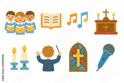 Colorful Choir Illustrations. Flat vector mini-illustrations hymn in colors children's illustrations: choir singers, open hymn