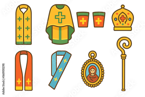Colorful Church Vestments. Flat vector mini-illustrations church vestments in colors children's illustrations: epitrachelion,