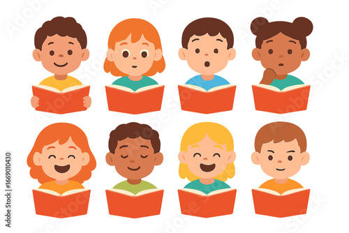 Colorful Emotions Grid. Flat vector mini-illustrations e-book reading emotions in colors children's illustrations: happy face,