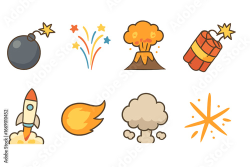 Colorful Explosive Icons. Flat vector mini-illustrations explosion in colors children's illustrations: bomb blast, fireworks,