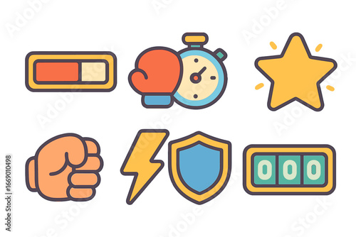 Colorful Fight Game Icons. Flat vector mini-illustrations fight game icons in colors children's illustrations: health bar, boxing