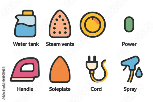 Colorful Iron Parts. Flat vector mini-illustrations steam iron parts in colors children's illustrations: water tank, steam vents,